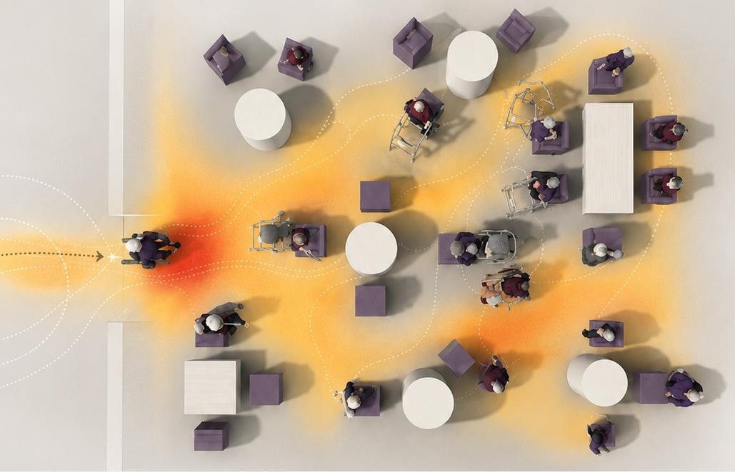 Top-down simulation of a shared lounge showing movement trajectories and a spatial comfort heatmap